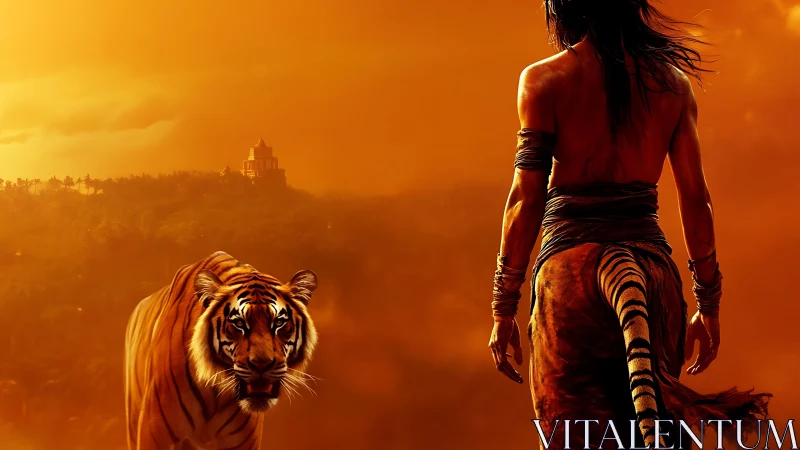 Tiger and warrior under molten sunset over jungle temple.