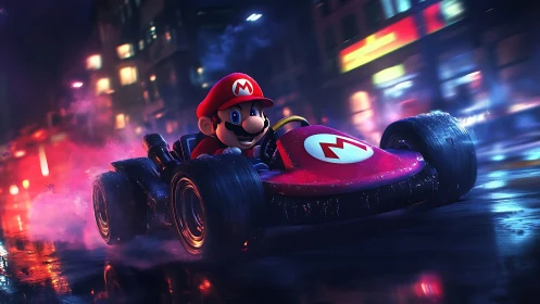 Cartoon racer drifts neon city street in stylized night rain