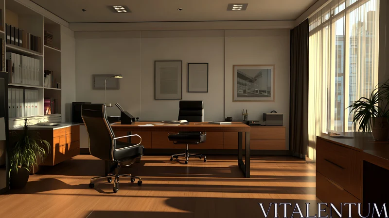 Sunlit executive office with modernist furnishings and glazing.