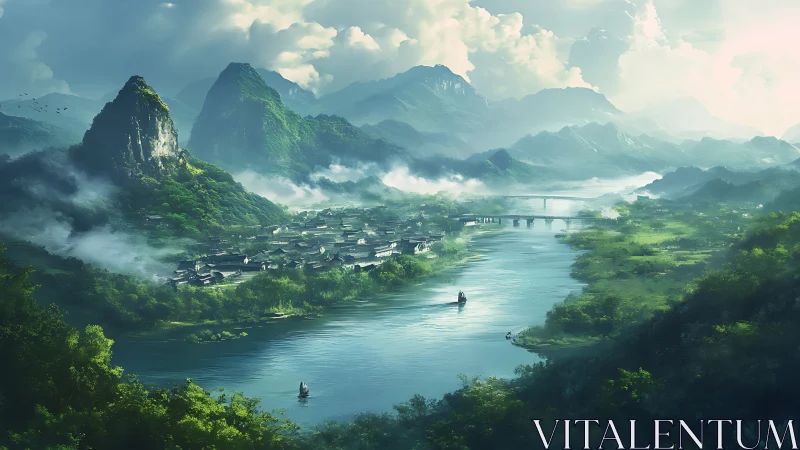 Misty river valley with emerald peaks and ancient village