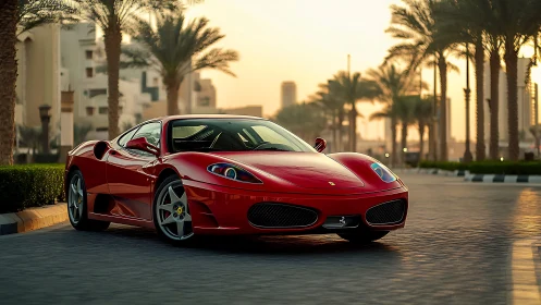 Ferrari F430 coupé under desert boulevard sunset lighting.