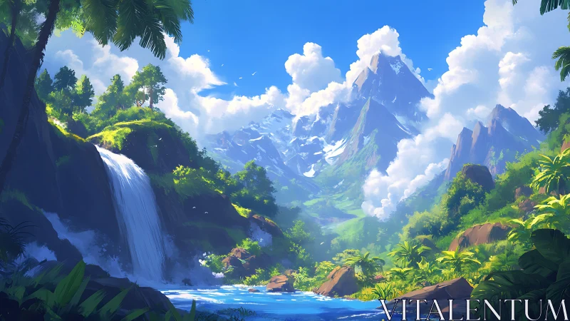 Mountain valley landscape with waterfall and tropical foliage.
