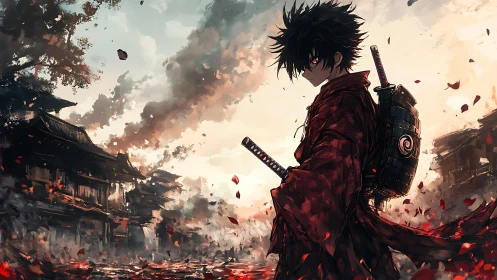 Lone anime swordsman walks ruined street under burning sky
