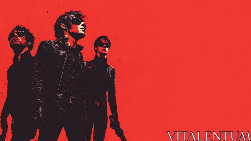 Leather-clad trio stand against stark red backdrop in profile.