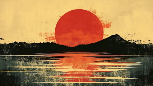 Red sun behind dark mountains reflects across calm water