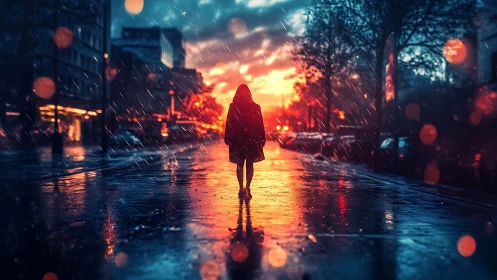 Backlit silhouette walks on rain-soaked street at neon sunset