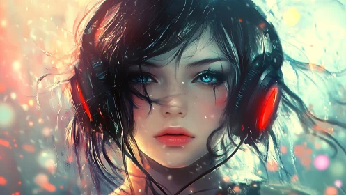 Electric daydream girl with glowing headphones in neon haze.