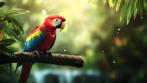 Vibrant Scarlet Macaw Perched on Jungle Branch, Photorealistic Art.