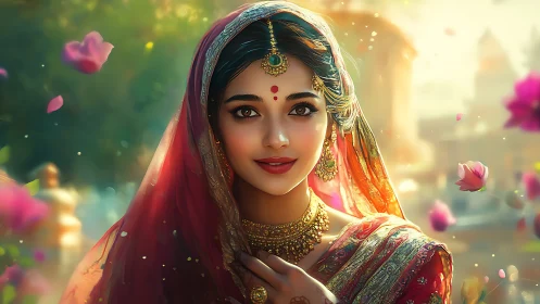 Digitally rendered Indian bride portrait with bokeh depth layering