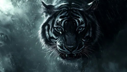 Nocturnal tiger portrait in cyan-tinted digital chiaroscuro.