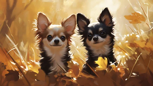 Chihuahua pair rest in golden autumn meadow light.