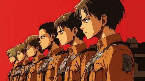 Scarlet skyline of solemn cadets in unwavering profile.