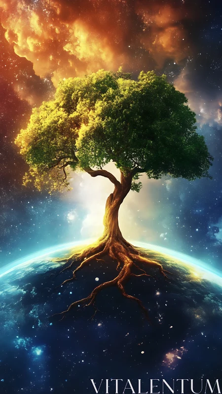 Celestial world tree rises from Earth, glowing against nebulae