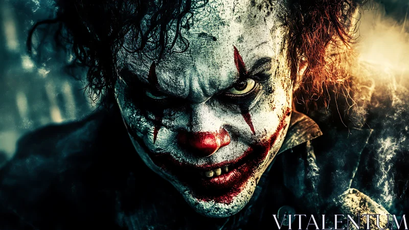 Sinister clown portrait glows with dread in cracked makeup