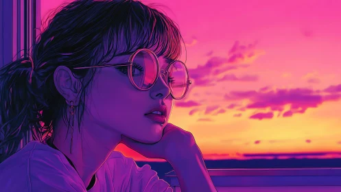 Neon-lit portrait of reflective girl watching gradient sunset sky