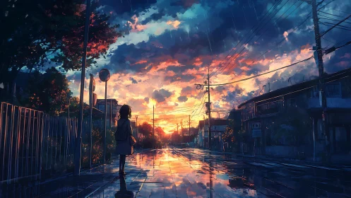 Quiet walk home under a rainwashed, glowing sunset sky.