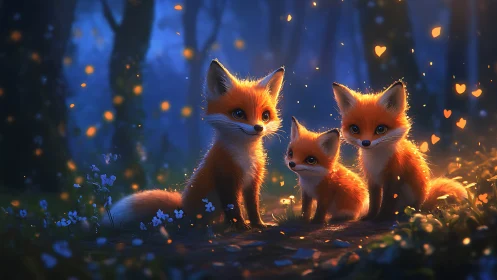 Three stylized fox cubs glow in bokeh-lit twilight forest