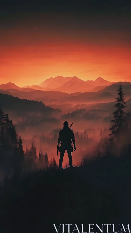 Silhouetted armed figure overlooking misty red forest valley.