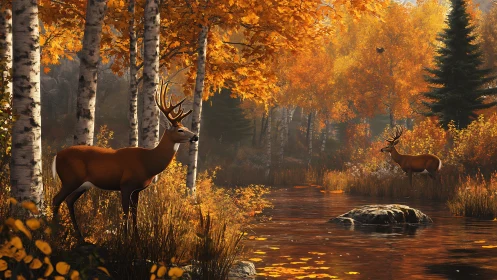 Stag pair stands along glowing autumn forest riverbank.