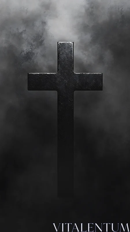 Matte black cruciform silhouette in volumetric grey fog field