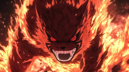 Infernal demon fox lunges through blazing firestorm.