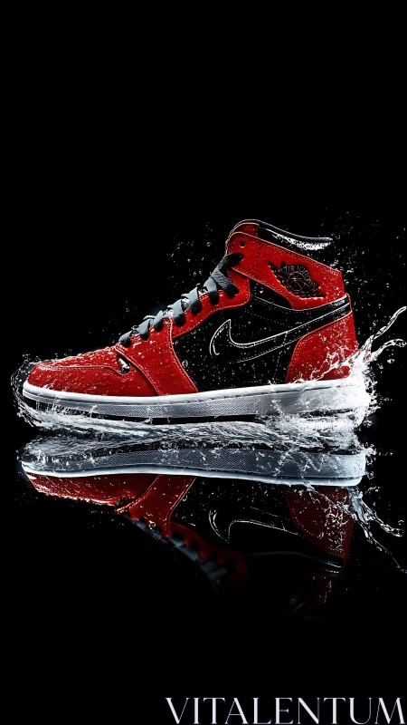 Red black high-top sneaker splashing over reflective water.