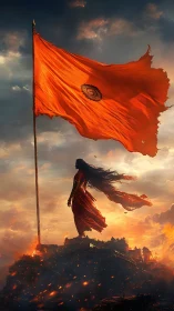 Woman in red stands beneath large orange flag at sunset