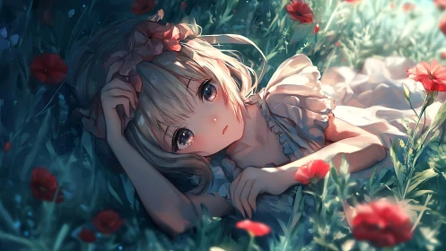 Girl rests in glowing meadow amid soft red wildflowers