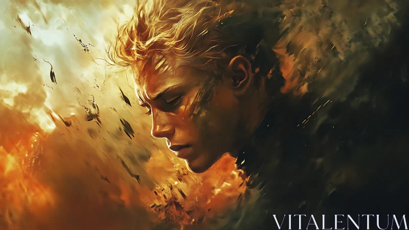 Fiery portrait of a pensive figure dissolving into swirling embers