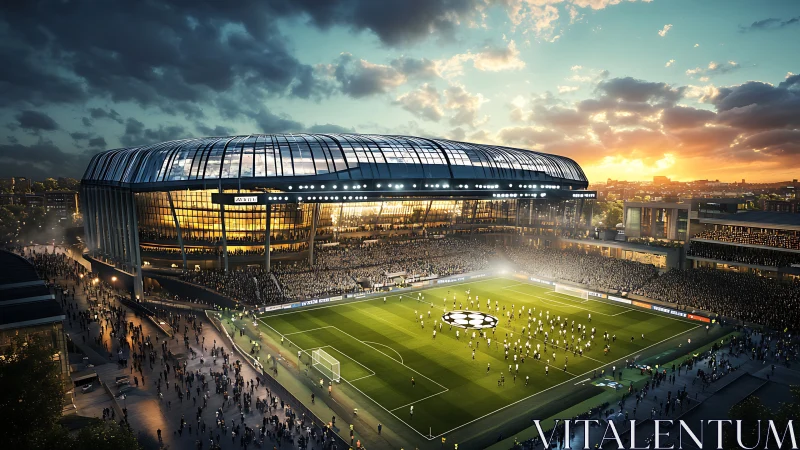 Modern football stadium glows during sunset championship match