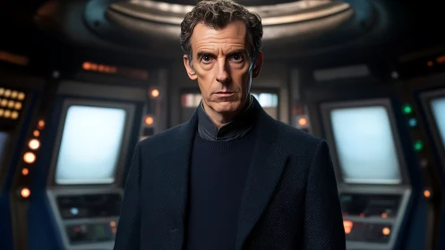 Serious man in futuristic control room environment.