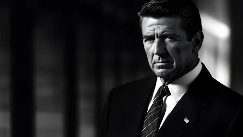 Stoic executive in monochrome portrait exudes authority.