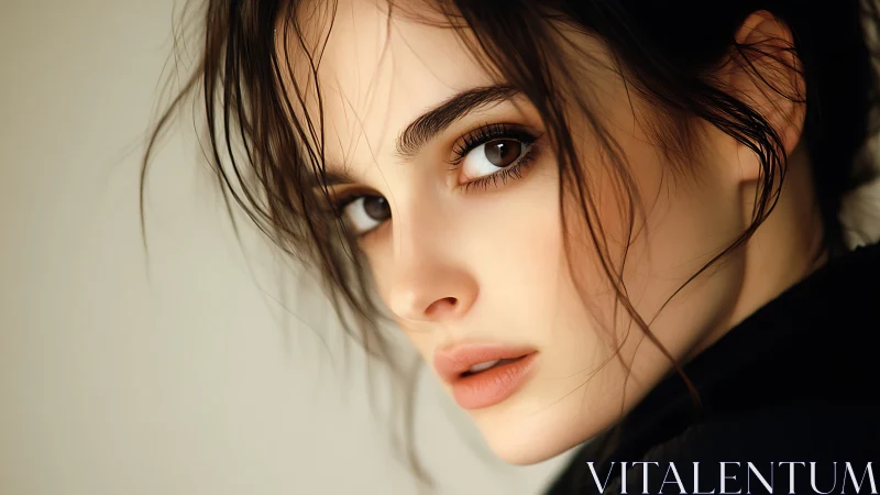 Soft-lit portrait of woman with intense brown gaze.