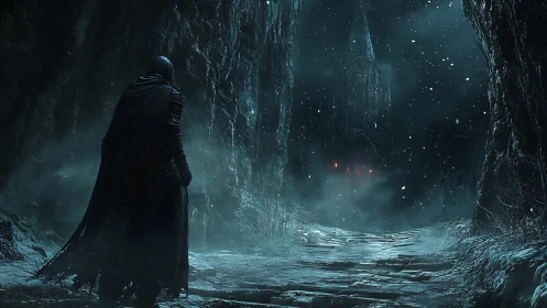Cloaked wanderer approaches cursed cathedral through snow