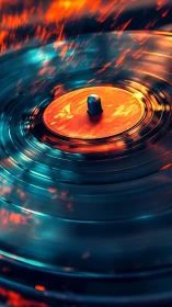Spinning vinyl record glows with neon orange and blue light