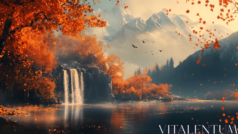 Sunlit autumn waterfall shimmers beneath misty alpine peaks
