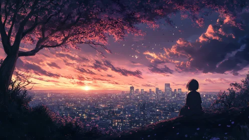 Solitary figure watching neon-lit city beneath violet sunset