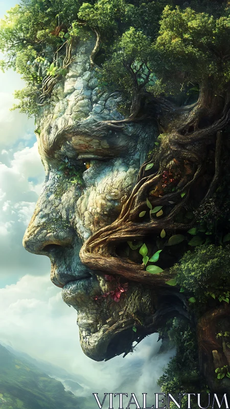 Stone face mountain merges with dense trees and twisted roots