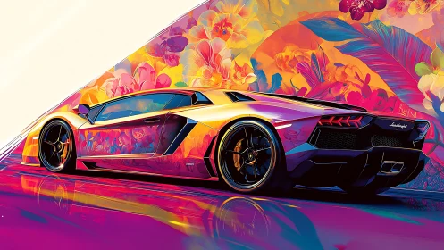 Neon supercar with tropical floral backdrop in motion.