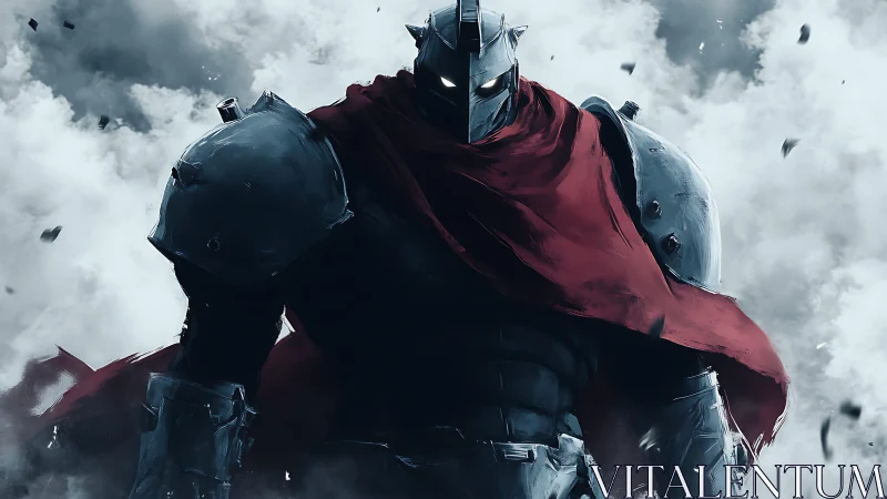 Armored warrior in red cloak emerging from dense smoke.