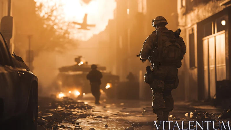 Soldiers advance through burning urban street at sunset