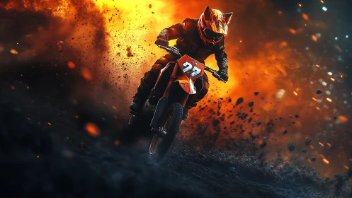 Motocross rider carving ash terrain in cinematic firestorm