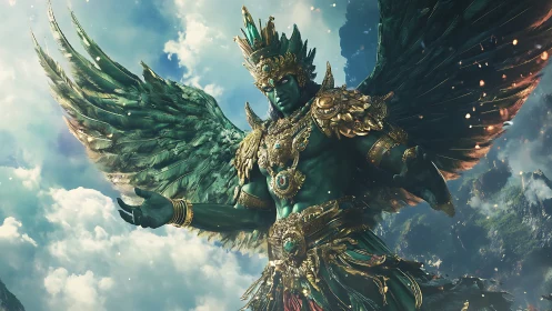 Winged emerald deity soars through radiant celestial skies.