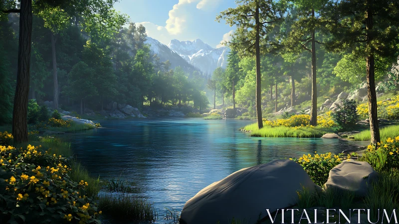 Luminous alpine river valley with pines and distant peaks.