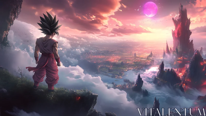 Saiyan at the sky-edge gazes over violet-moon valley.
