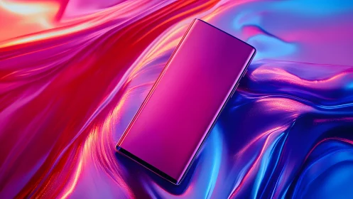 Futuristic smartphone on iridescent fabric with vibrant neon lighting.
