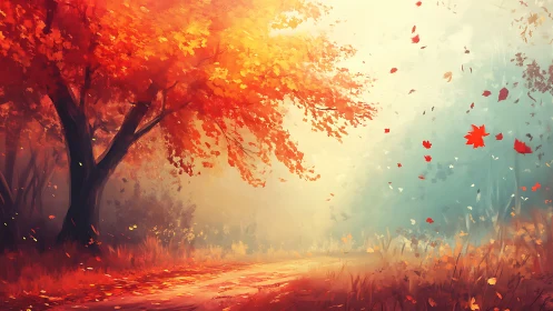 Autumn forest path under glowing orange canopy in mist.