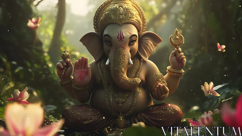 Elephant headed deity statue seated in forest setting.