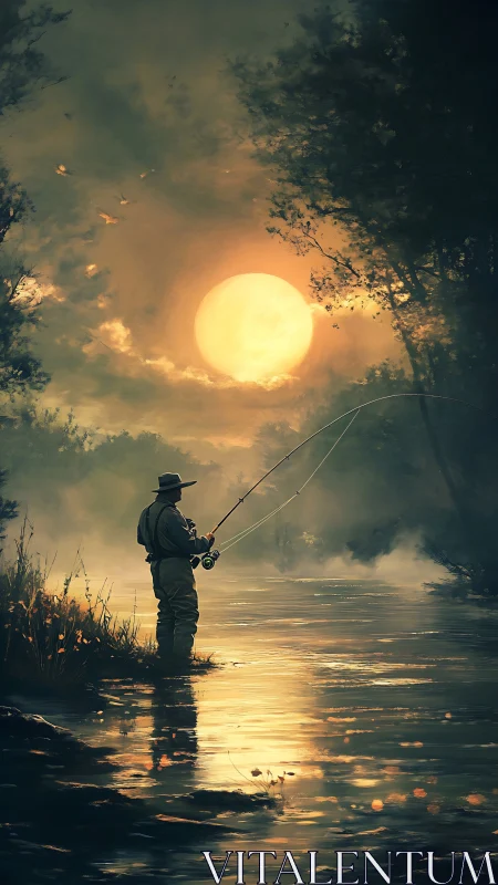 Moonlit angler framed by misty riverbank foliage and diffuse glow