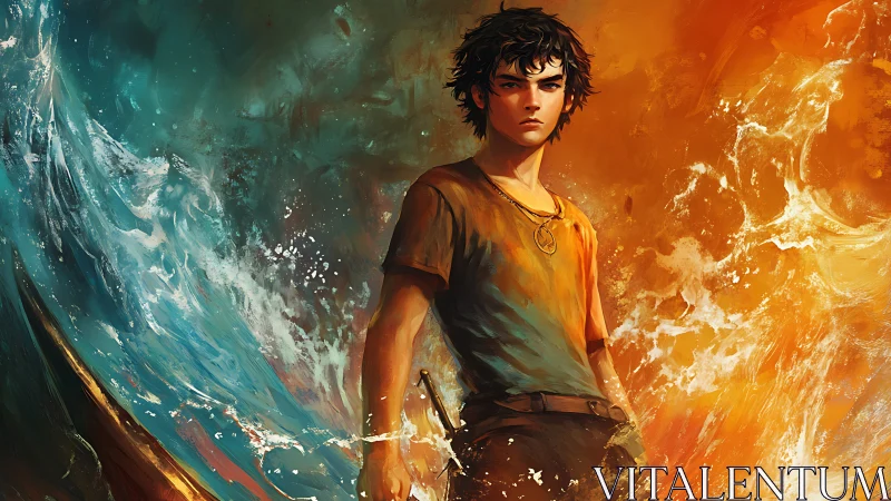 Teen hero stands between crashing waves and roaring fire